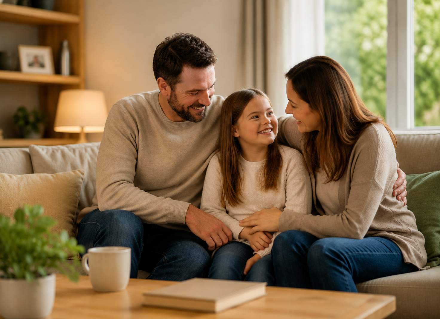 Familia sonriendo junta en el sofá de casa, un momento cálido y tranquilo